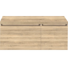 Onderkast in houtlook met twee deuren en horizontale greepuitsparingen.