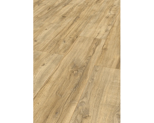 Laminaatvloer met eikenlook, natuurlijke houtnerven en zichtbare noesten.