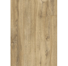 Laminaatvloer met eiken decor en gestructureerd houtoppervlak met zichtbare noesten.