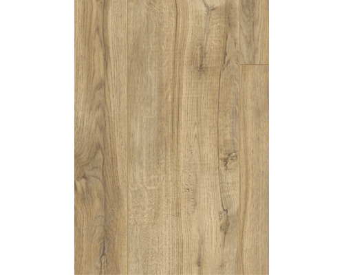 Laminaatvloer met eiken decor en gestructureerd houtoppervlak met zichtbare noesten.