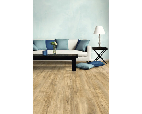 Moderne woonkamer met lichte vloer in houtlook, witte bank met blauwe kussens en een zwarte salontafel.