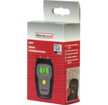 Verpakking voor Werkzeyt digitale vochtmeter met Werkzeyt Logo en vermelding dat drie LR44 batterijen niet zijn inbegrepen.