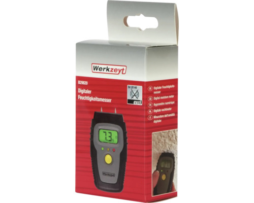 Verpakking voor Werkzeyt digitale vochtmeter met Werkzeyt Logo en vermelding dat drie LR44 batterijen niet zijn inbegrepen.