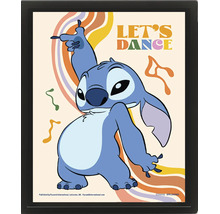Ingelijste poster met het Disney personage Stitch die danst, kleurrijke golflijnen, de tekst Lets Dance en Disney Logo.