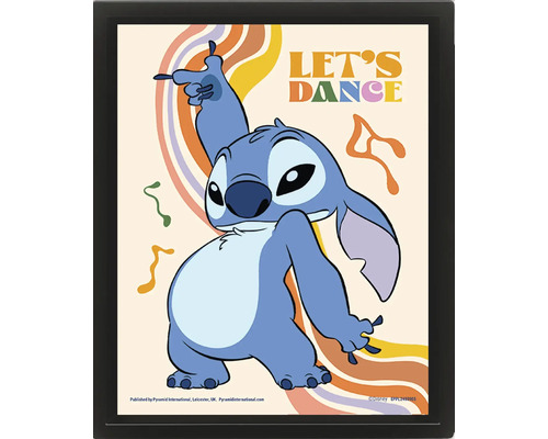 Ingelijste poster met het Disney personage Stitch die danst, kleurrijke golflijnen, de tekst Lets Dance en Disney Logo.
