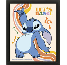 Ingelijste poster met Disney personage Stitch, tekst Let's Dance en retro golfpatroon.