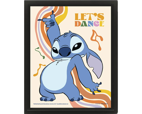 Ingelijste poster met Disney personage Stitch, tekst Let's Dance en retro golfpatroon.