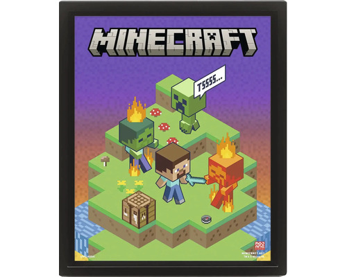 Minecraft wanddecoratie in lijst met Steve, Creeper, Zombie en werkbank in pixelstijl