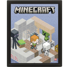 Ingelijste Minecraft poster met de personages Alex, Enderman, Creeper en een skelet in een isometrische spelscène.