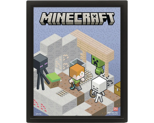 Ingelijste Minecraft poster met de personages Alex, Enderman, Creeper en een skelet in een isometrische spelscène.
