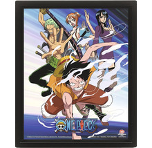 3D lenticulair poster One Piece met de personages Luffy, Zoro, Nami en Robin in een zwarte lijst met One Piece logo.