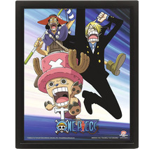 Driedimensionale poster One Piece met de personages Usopp, Sanji en Chopper in een zwarte lijst.