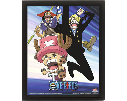 Driedimensionale poster One Piece met de personages Usopp, Sanji en Chopper in een zwarte lijst.