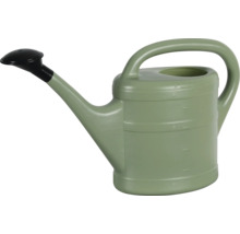 Groene kunststof gieter met zwarte broes en maataanduiding voor 5 liter.