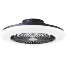 Moderne plafondventilator met geïntegreerde LED-lichtring en donkere behuizing.