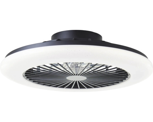 Moderne plafondventilator met geïntegreerde LED-lichtring en donkere behuizing.