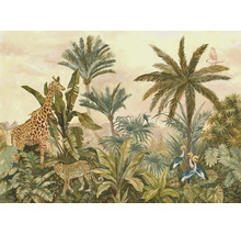 Fotobehang met jungle-thema, giraffe, luipaard, vogels en palmbomen in vintage schilderstijl.