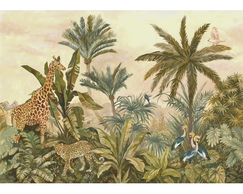 Fotobehang met jungle-thema, giraffe, luipaard, vogels en palmbomen in vintage schilderstijl.