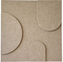 Vierkant akoestisch paneel van vilt met geometrische reliëfvormen zoals een halve cirkel en bogen.