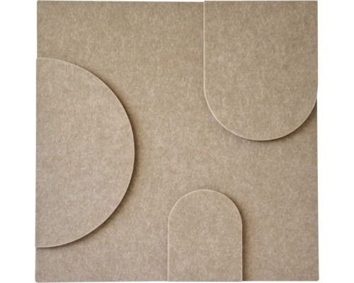 Vierkant akoestisch paneel van vilt met geometrische reliëfvormen zoals een halve cirkel en bogen.