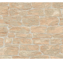 Behang in natuursteenlook met onregelmatige stenen en lichte voegen.