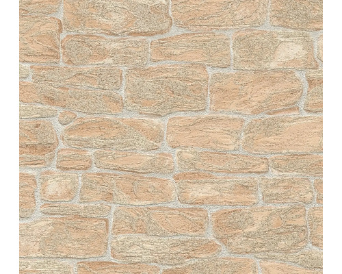 Behang in natuursteenlook met onregelmatige stenen en lichte voegen.