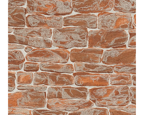 Behang in natuursteenlook met roodbruin steenpatroon en lichte voegen.