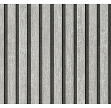 Vliesbehang met houten latten look en 3D-effect, verticale lamelstructuur.