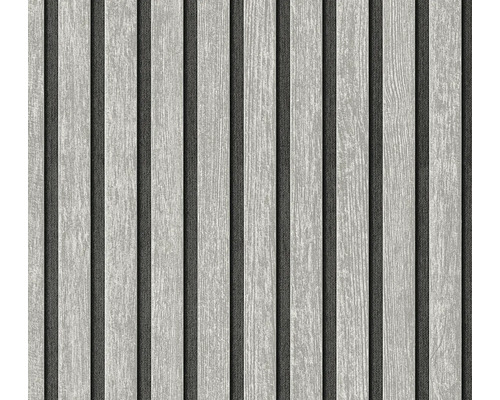 Vliesbehang met houten latten look en 3D-effect, verticale lamelstructuur.