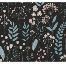 Vliesbehang met botanisch patroon van diverse bloemen, takken en bladeren.