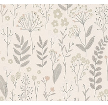 Vliesbehang met bloemenpatroon van bladeren, bloemen en takken in illustratieve stijl.