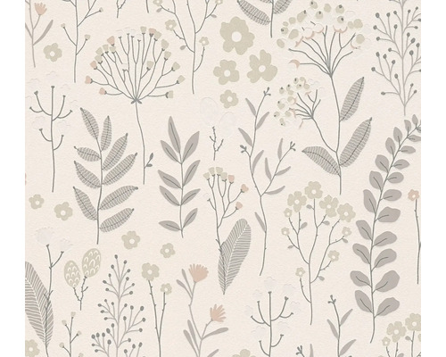 Vliesbehang met bloemenpatroon van bladeren, bloemen en takken in illustratieve stijl.