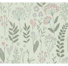 Vliesbehang met botanisch patroon van gestileerde bladeren, bloemen en takken in de kleuren grijs, roze en groen.
