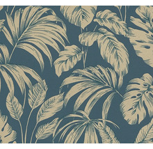 Vliesbehang met tropisch patroon van grote palmbladeren en monstera-bladeren in blauw en beige.