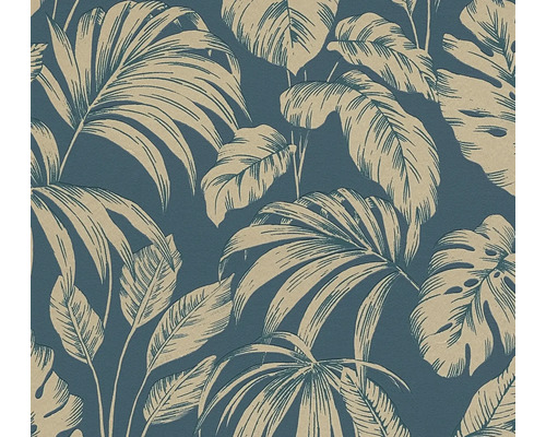 Vliesbehang met tropisch patroon van grote palmbladeren en monstera-bladeren in blauw en beige.