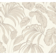 Vliesbehang met tropisch bladerpatroon van palmbladeren en monstera.