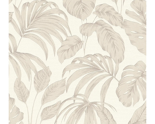 Vliesbehang met tropisch bladerpatroon van palmbladeren en monstera.