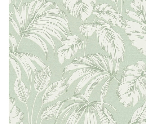 Vliesbehang met tropisch bladerpatroon van Monstera- en palmbladeren, gestructureerd oppervlak.