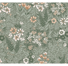 Vliesbehang met floraal patroon van diverse bloemen en bladeren in illustratieve stijl.