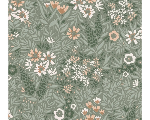 Vliesbehang met floraal patroon van diverse bloemen en bladeren in illustratieve stijl.