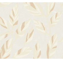 Vliesbehang met bladpatroon in beige en crème, gestructureerd oppervlak voor een natuurlijke wanddecoratie.