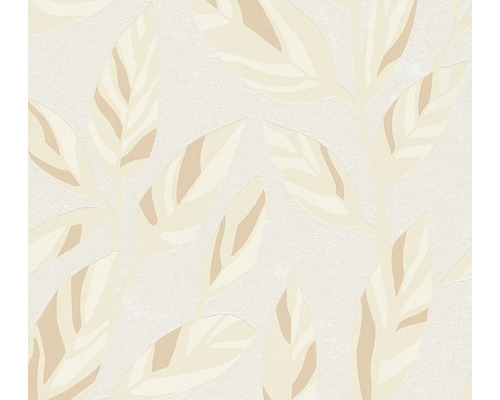 Vliesbehang met bladpatroon in beige en crème, gestructureerd oppervlak voor een natuurlijke wanddecoratie.