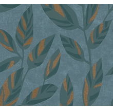 Behang met textuur, groot bladerenpatroon en glanzende details.