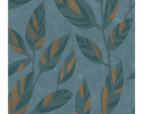 Behang met textuur, groot bladerenpatroon en glanzende details.
