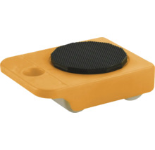 Meubelroller van oranje kunststof met zwarte antislipmat en witte wieltjes voor het verplaatsen van zware voorwerpen.