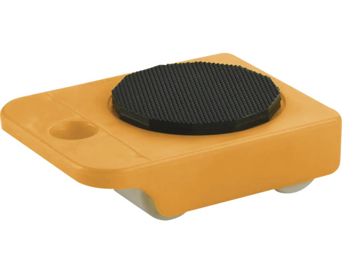 Meubelroller van oranje kunststof met zwarte antislipmat en witte wieltjes voor het verplaatsen van zware voorwerpen.