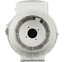 Buisventilator van witte kunststof in vooraanzicht.