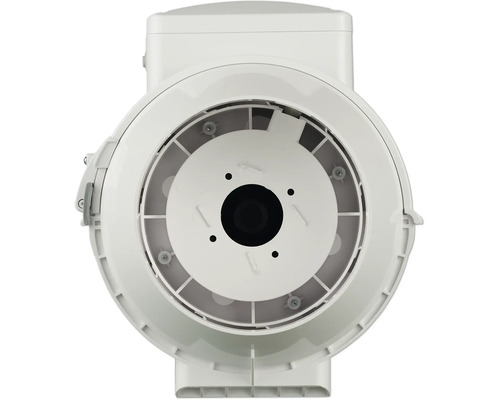 Buisventilator van witte kunststof in vooraanzicht.