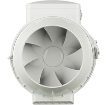 Kunststof buisventilator voor ventilatiesystemen, rond model met interne ventilatorbladen.
