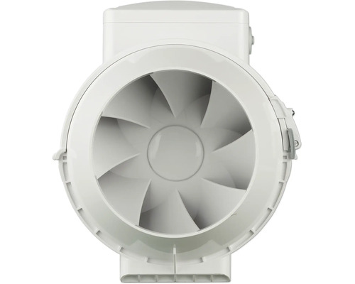 Kunststof buisventilator voor ventilatiesystemen, rond model met interne ventilatorbladen.